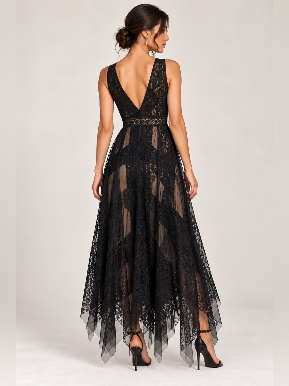 NWT BCBGMAXAZRIA Andi Black Nude Lace Asymmetrical Gown Size 2 - Picture 4 of 16